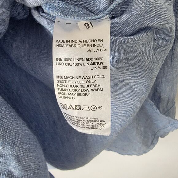 Chicos Womens 100% Linen Cross Utility Jacket sz 16/18 Drawstring Snap Down Blue - Picture 9 of 9